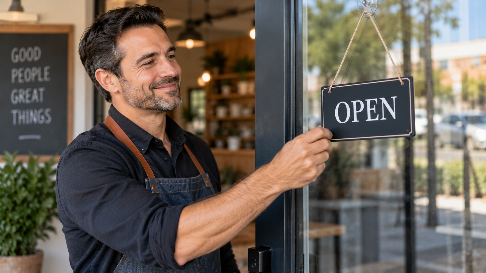 Business Owner flipping open sign